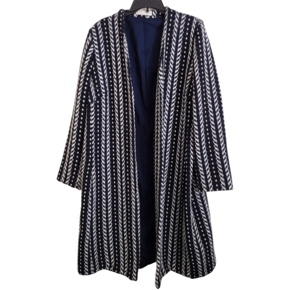 Elvi X Hayley Hasselhoff long dark blue white chic Striped Coat size 14
